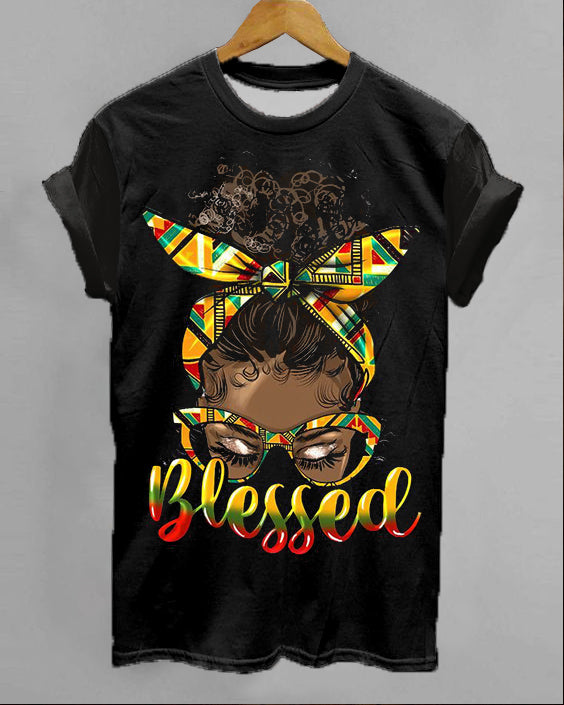 Black Juneteenth Butterfly Girl Printed Round Neck T-Shirt