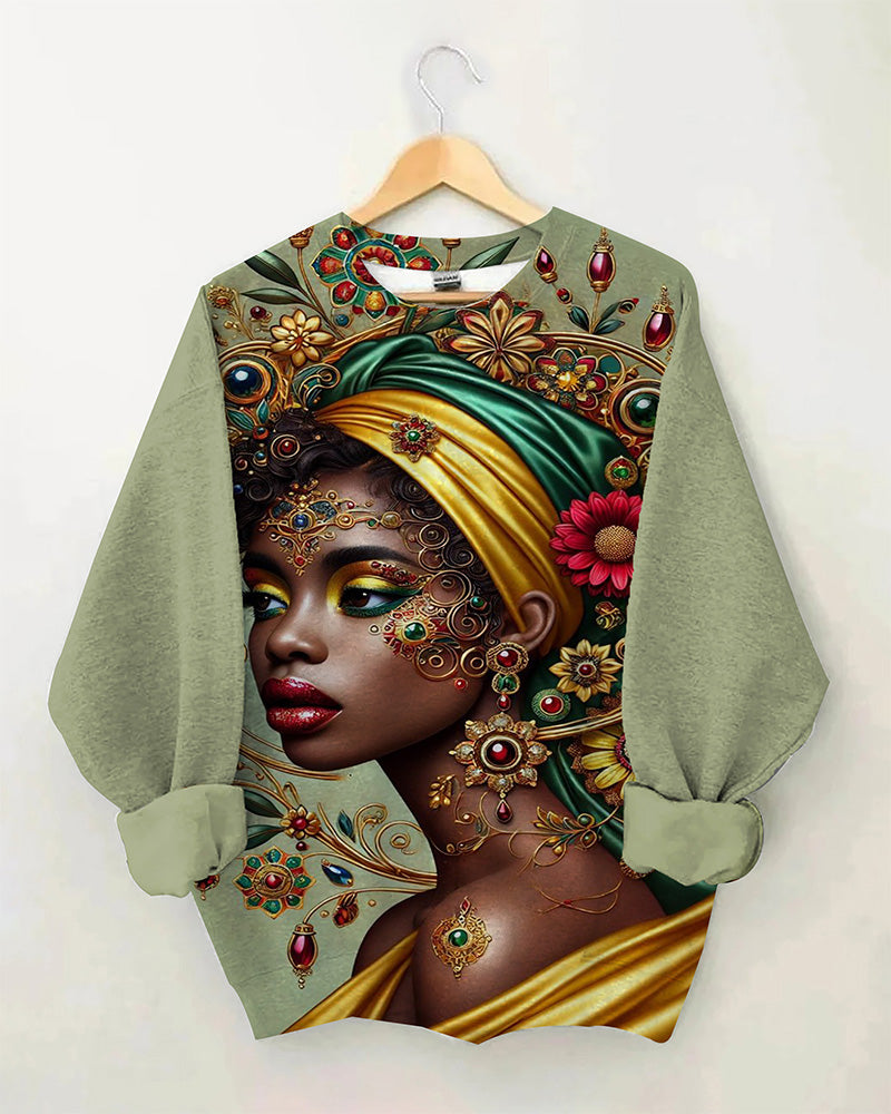 Black Girl Ethnic Style Retro Crew Neck Long Sleeve Top