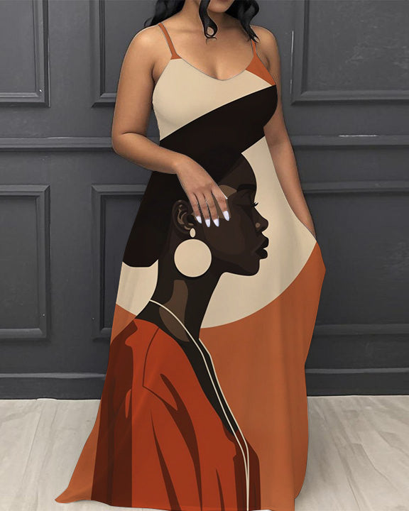 Artistic Portrait Print V-Neck Pocket Cami Dress