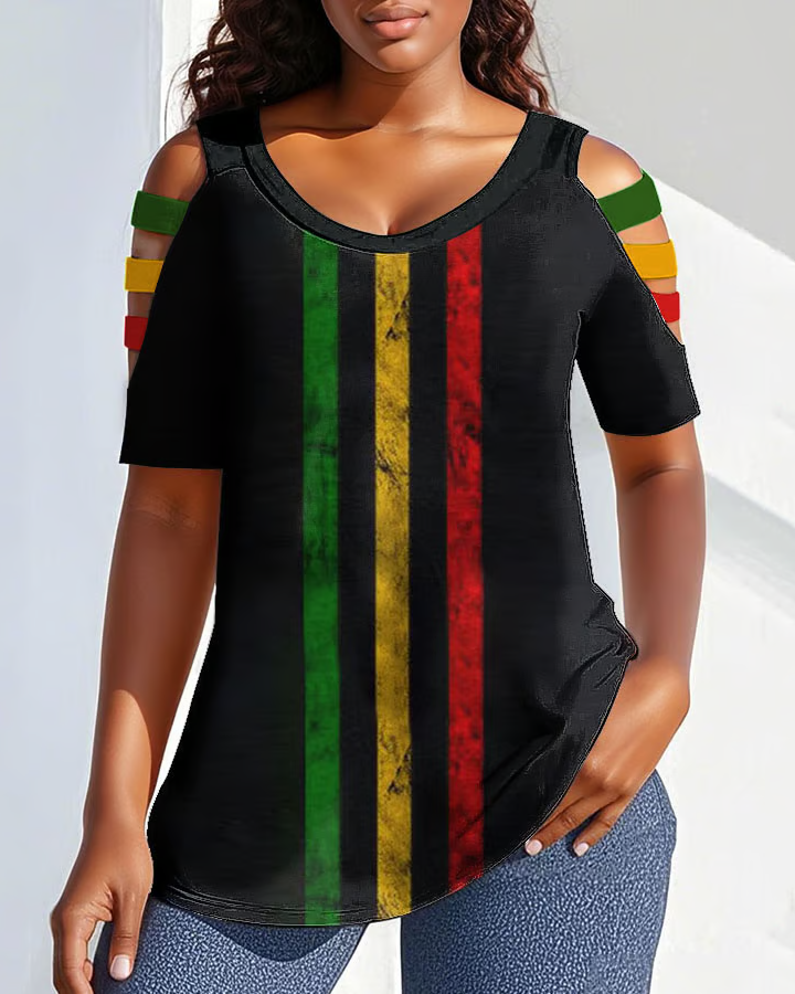 Reggae Stripes Round Neck Off-shoulder Short-sleeved T-shirt