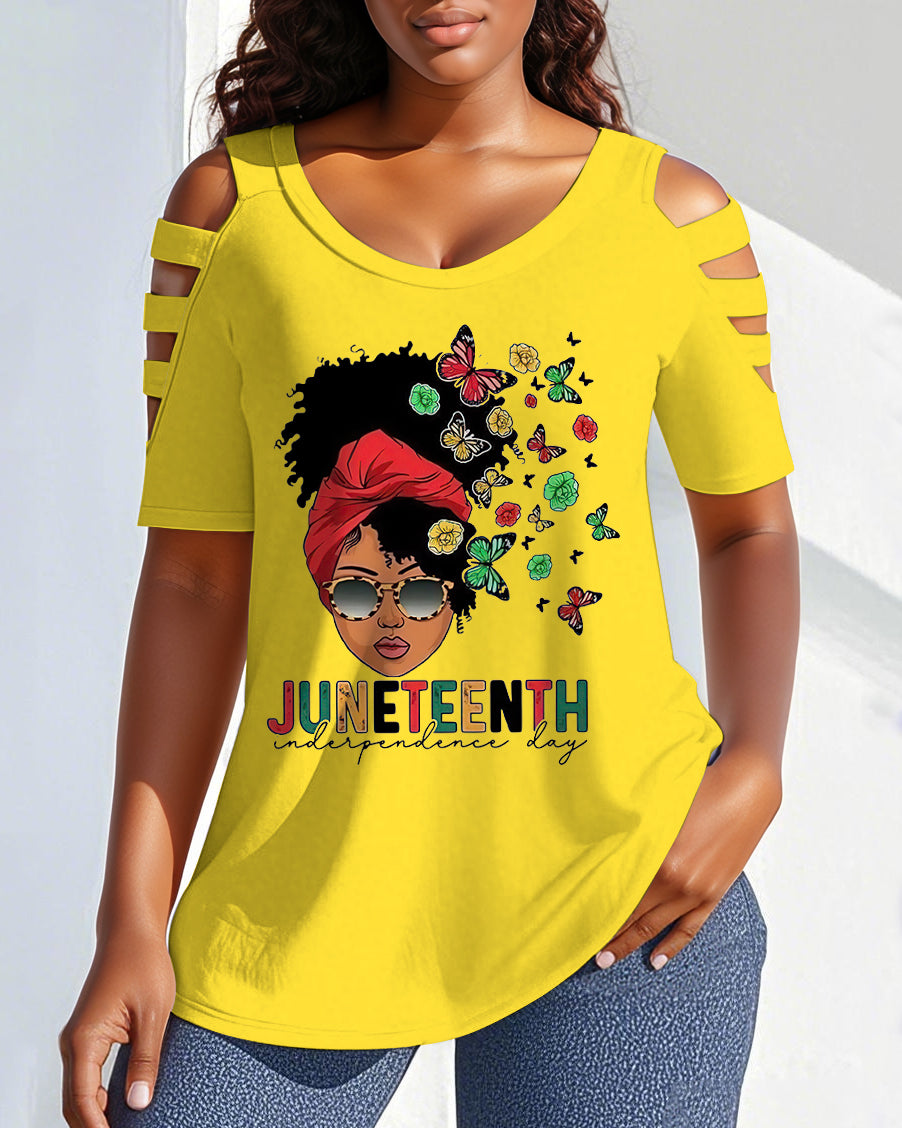Juneteenth Butterfly Girl Round Neck Off-shoulder Short-sleeved T-shirt