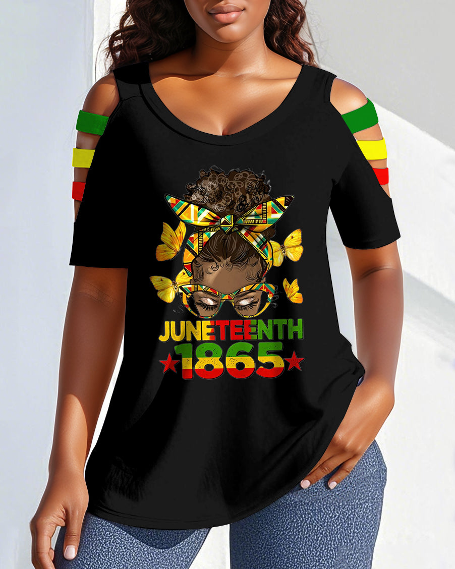 Juneteenth Black Woman Messy Bun Off-shoulder Short-sleeved T-shirt