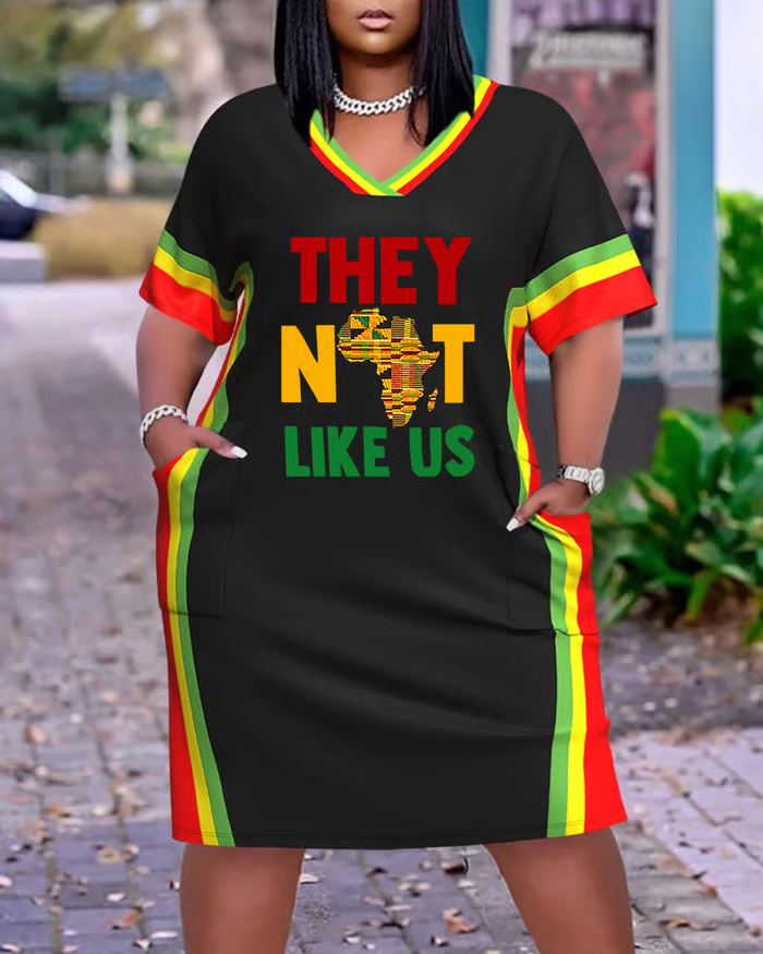 Juneteenth Striped Letters Casual V-neck Pocket Dress