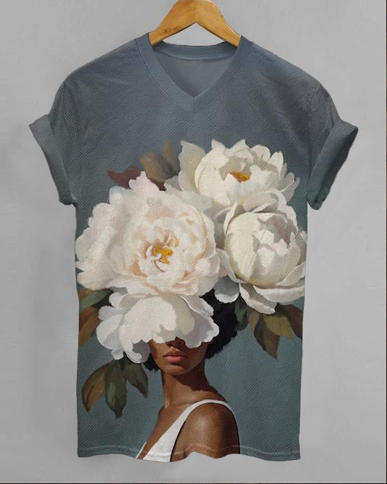 Flower Head Art V-neck Short Sleeve Tshirt