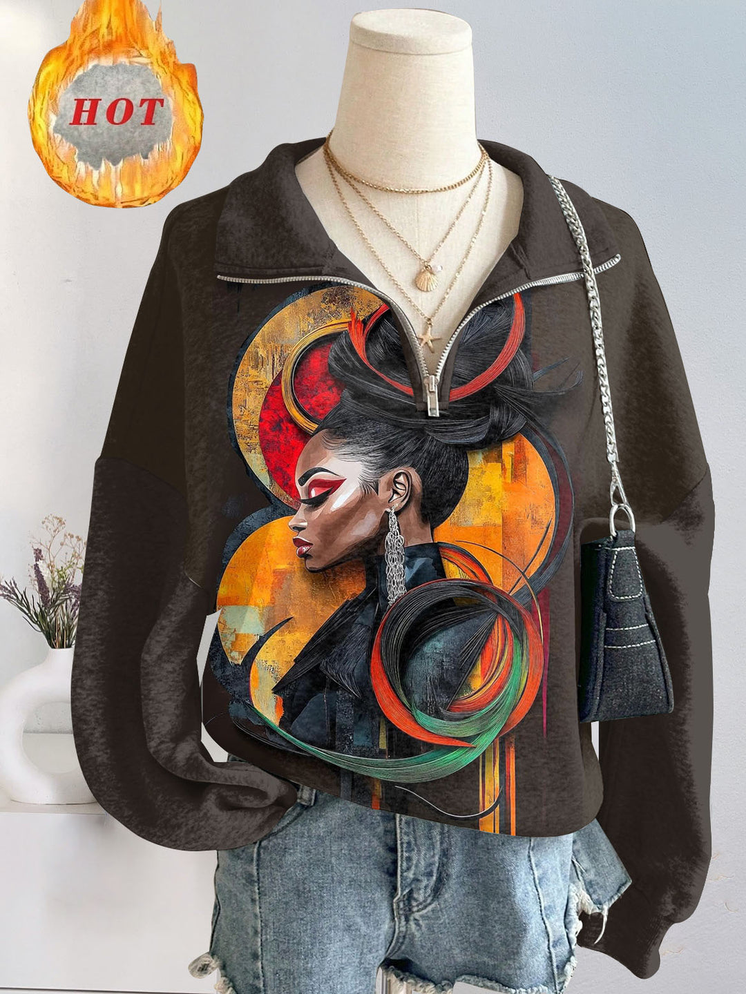 Black Woman Art Loose Split Zip-Up Long Sleeve Sweatshirt