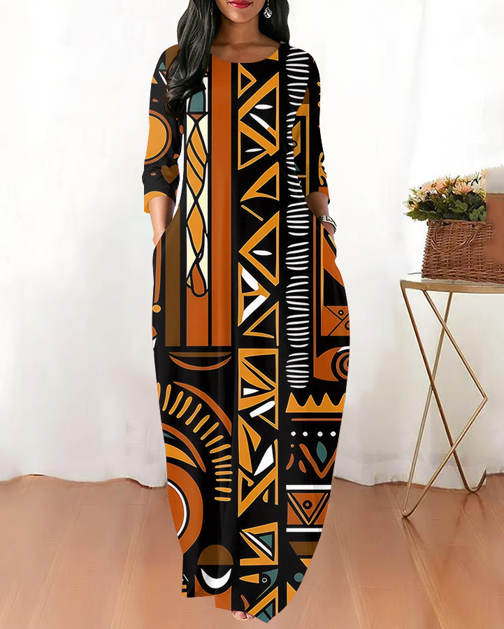 Round Neck African Tribal Pattern Long Sleeves Maxi Dress