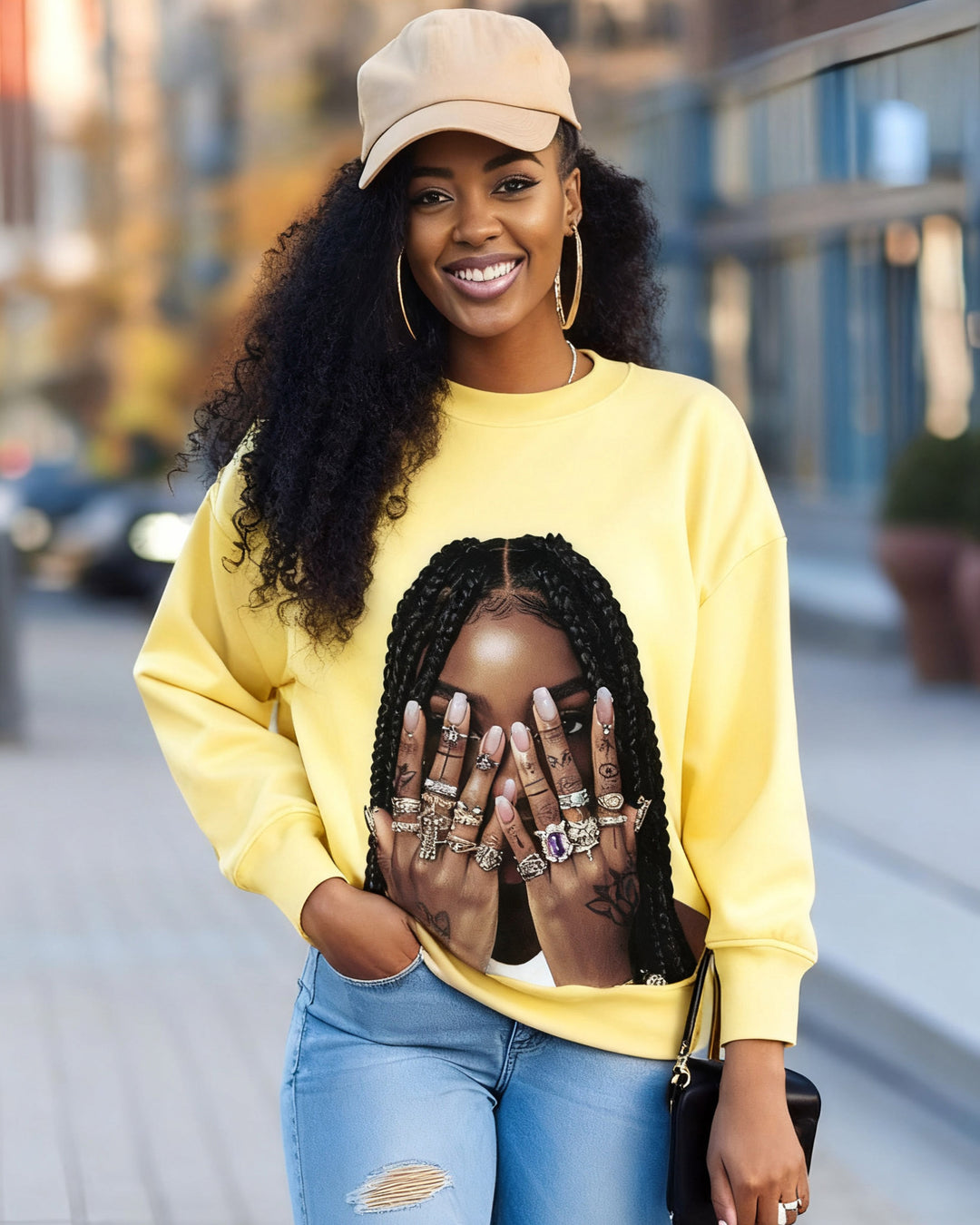 Rock Girl Face Print Crewneck Long Sleeve Sweatshirt