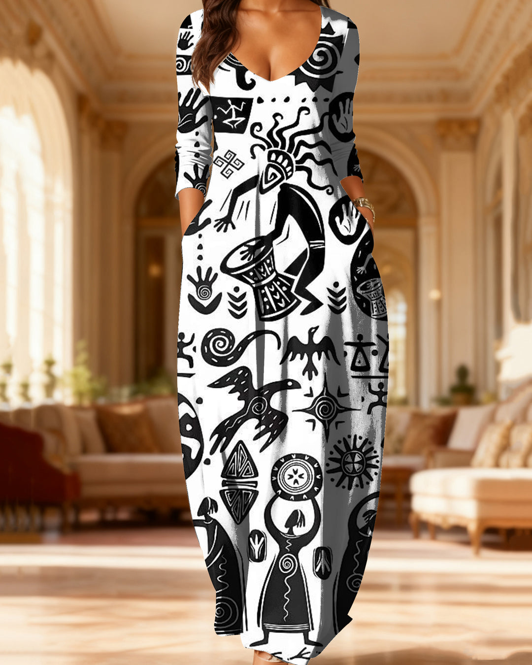 V Neck Retro Tribal Totem Long Sleeves Maxi Dress