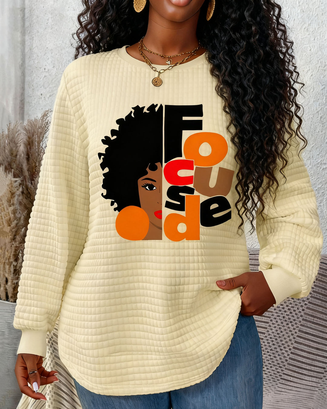 Focus On Yourself Waffle Crewneck Long Sleeve Sweatshirt