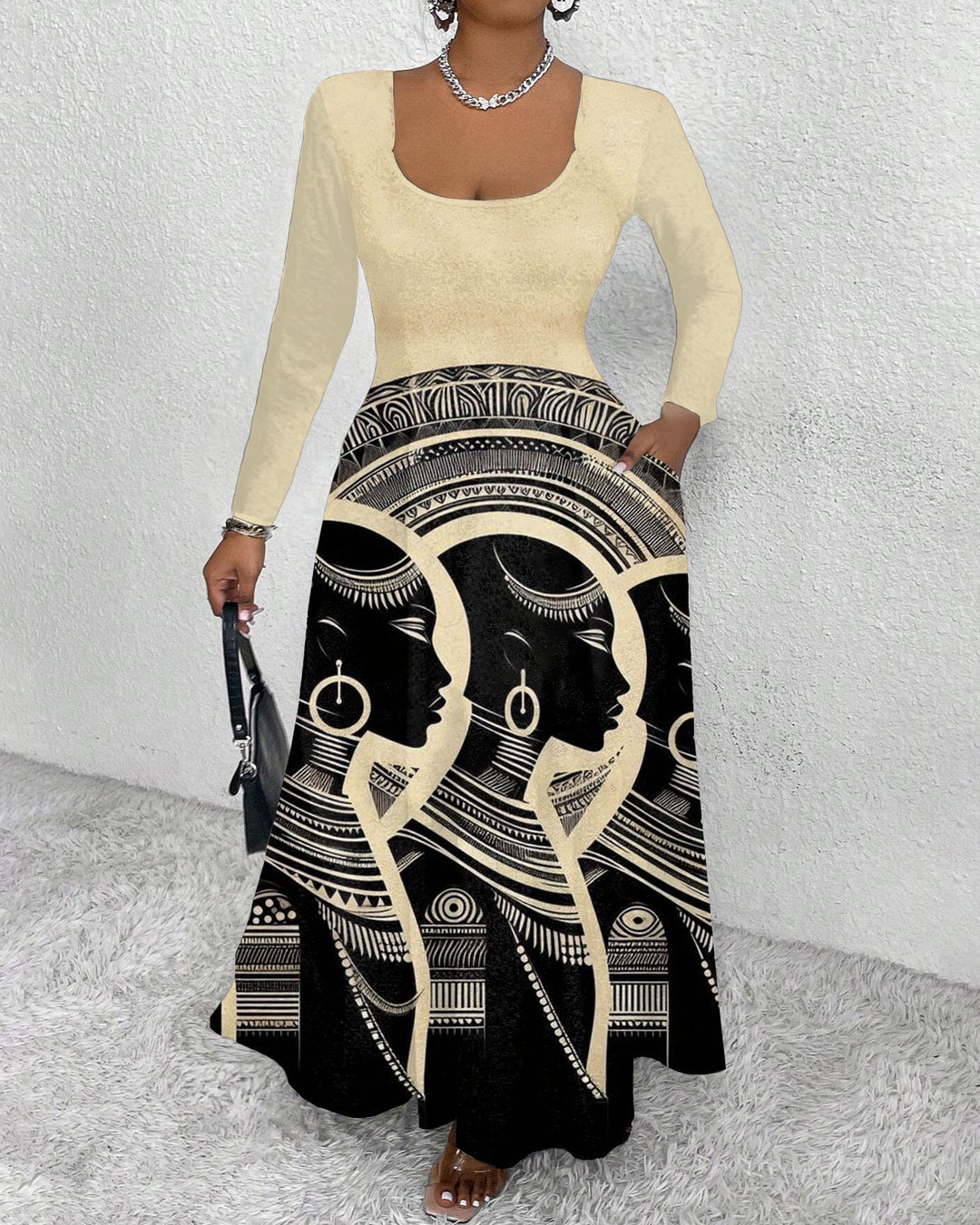 African Tribal Women Illustration Round Neck Long Sleeve Maxi Dress
