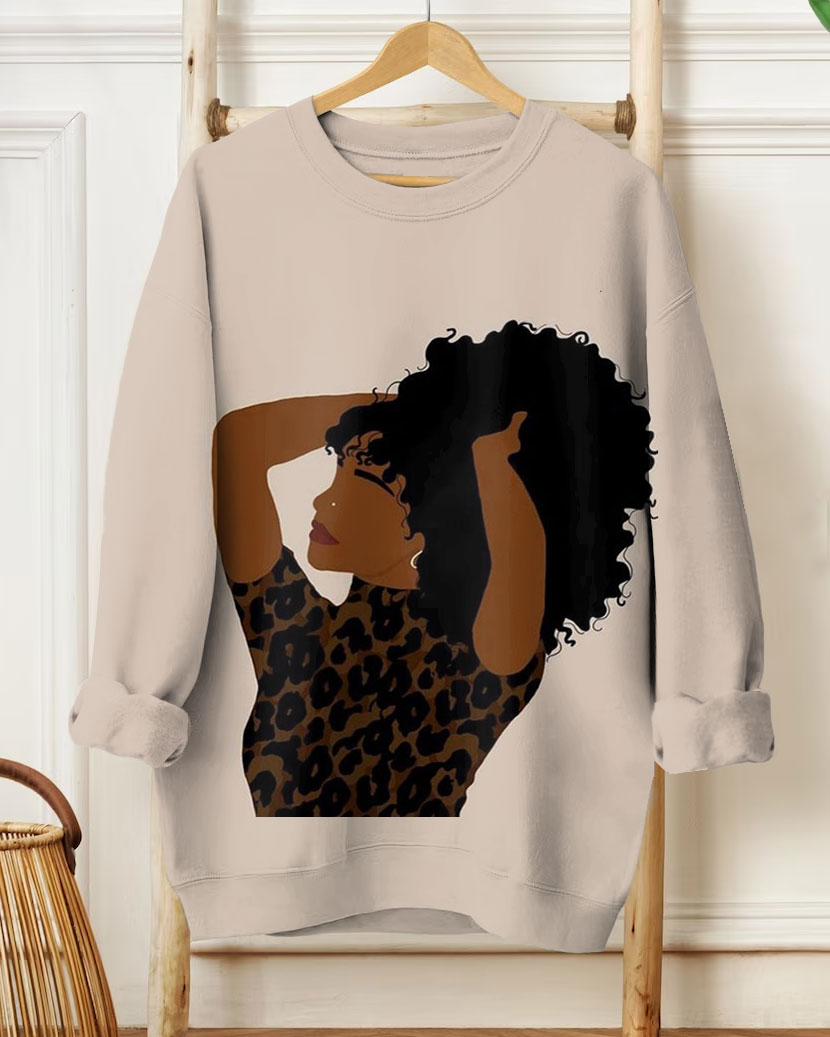 Women's Fashion Afro Girl Leopard Print Long Sleeve Sweatshirt