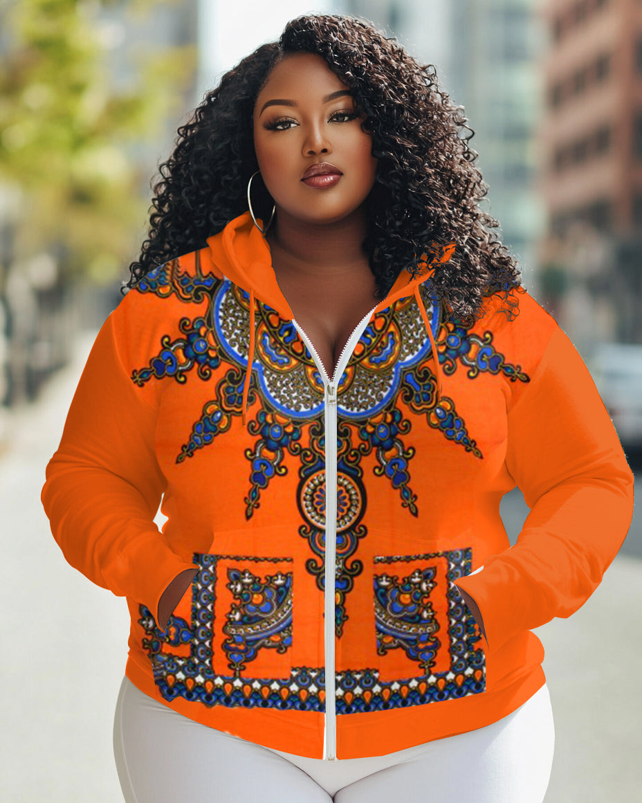 African Blue Floral Geometry Print Long Sleeve Zipper Hoodie