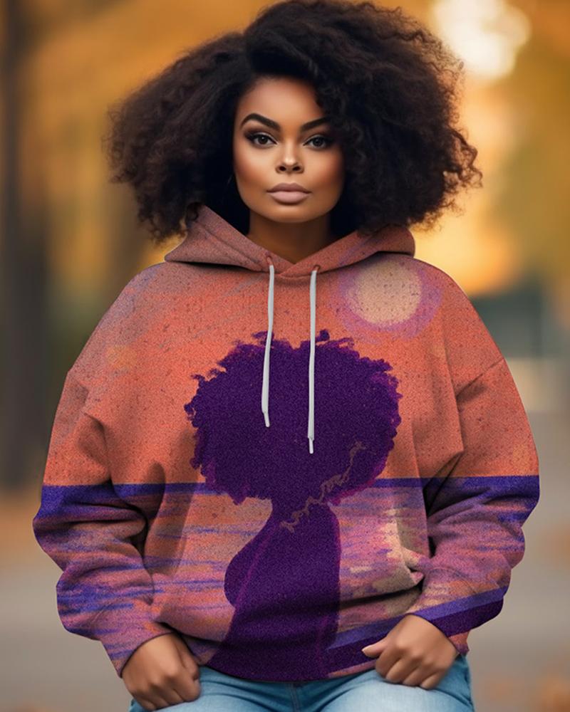 Black Girl Sunset Oil Painting Printed Hoodie