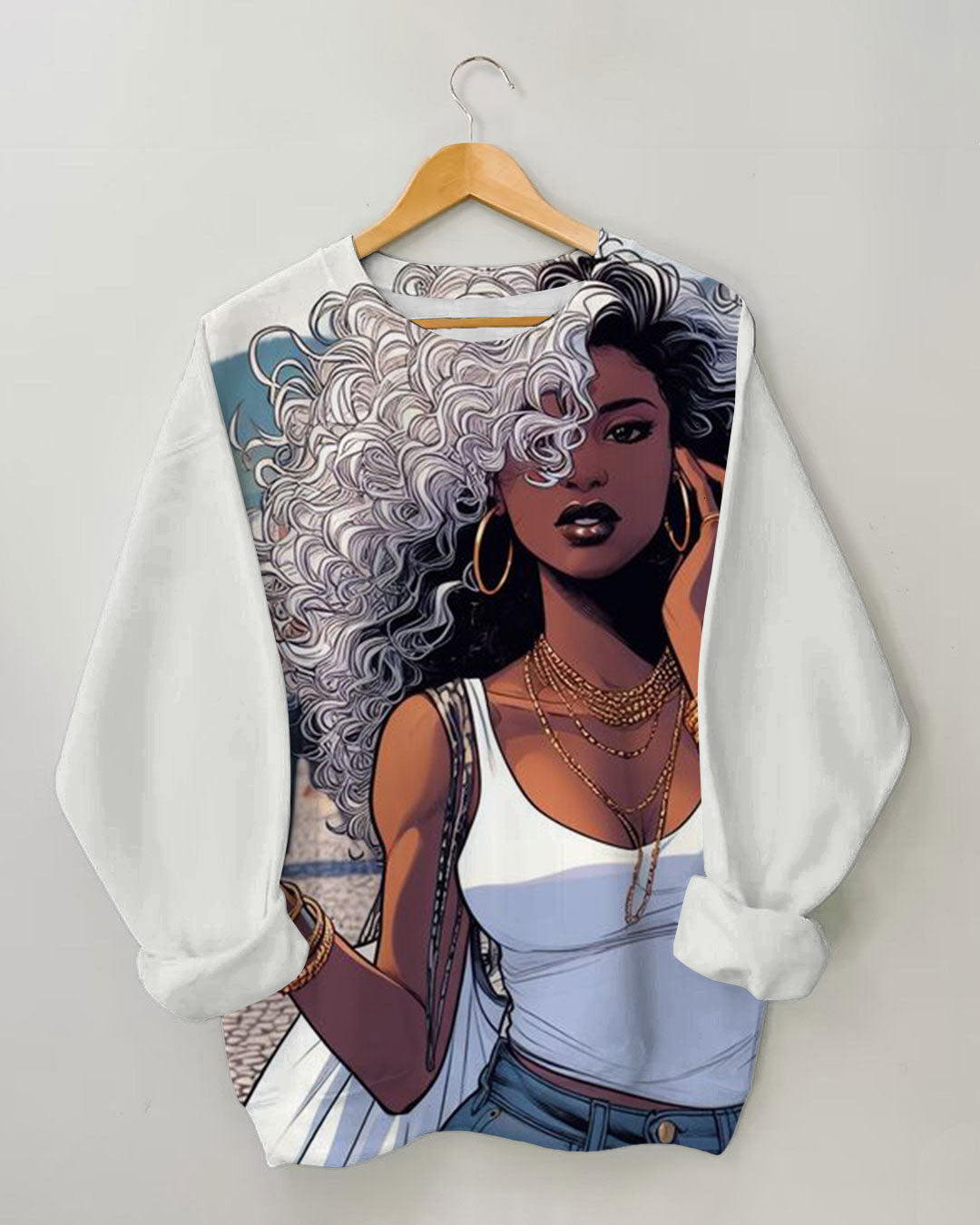 Women's Stylish Afro Girl Print Long-sleeve Sweatshirt