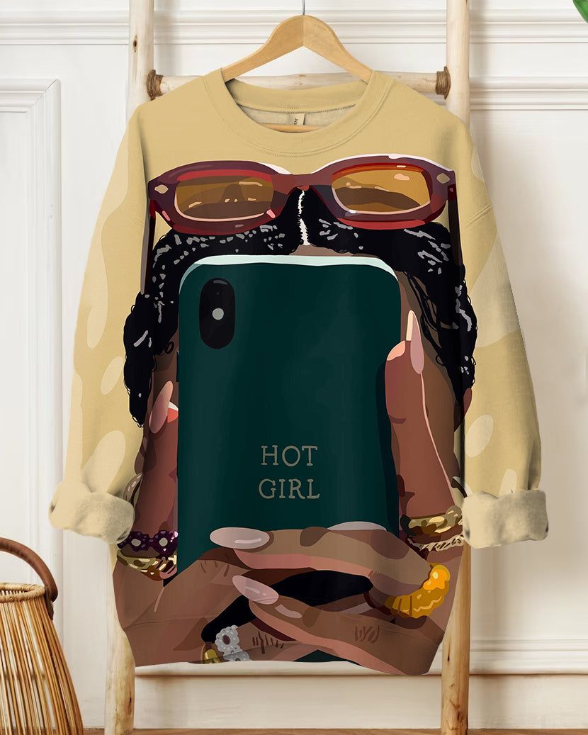 Fashion Hot Brown Girl Cartoon Print Long Sleeve Sweatshirt