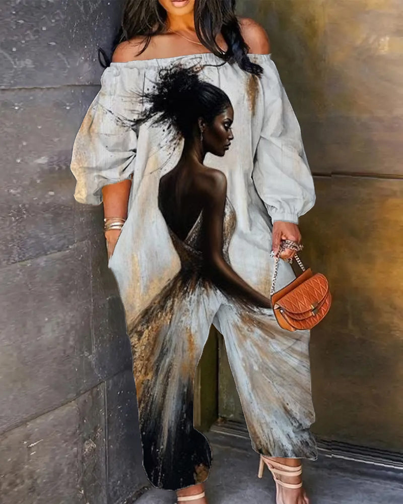 Black Art Oil Painting Retro One-shoulder Jumpsuit