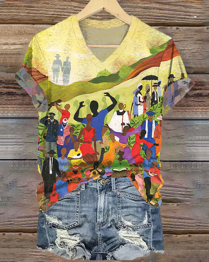 Celebrate Together Hand Drawn Cartoon V-neck Short Sleeve Tshirt