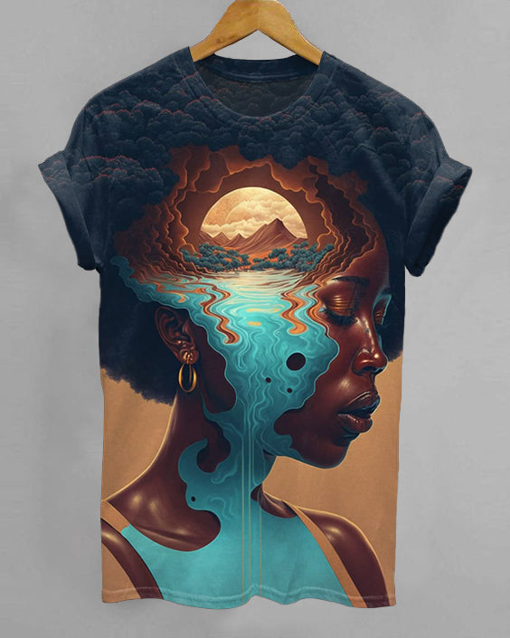 Black Woman Hill Stream Art Crew Neck Short Sleeve T-shirt