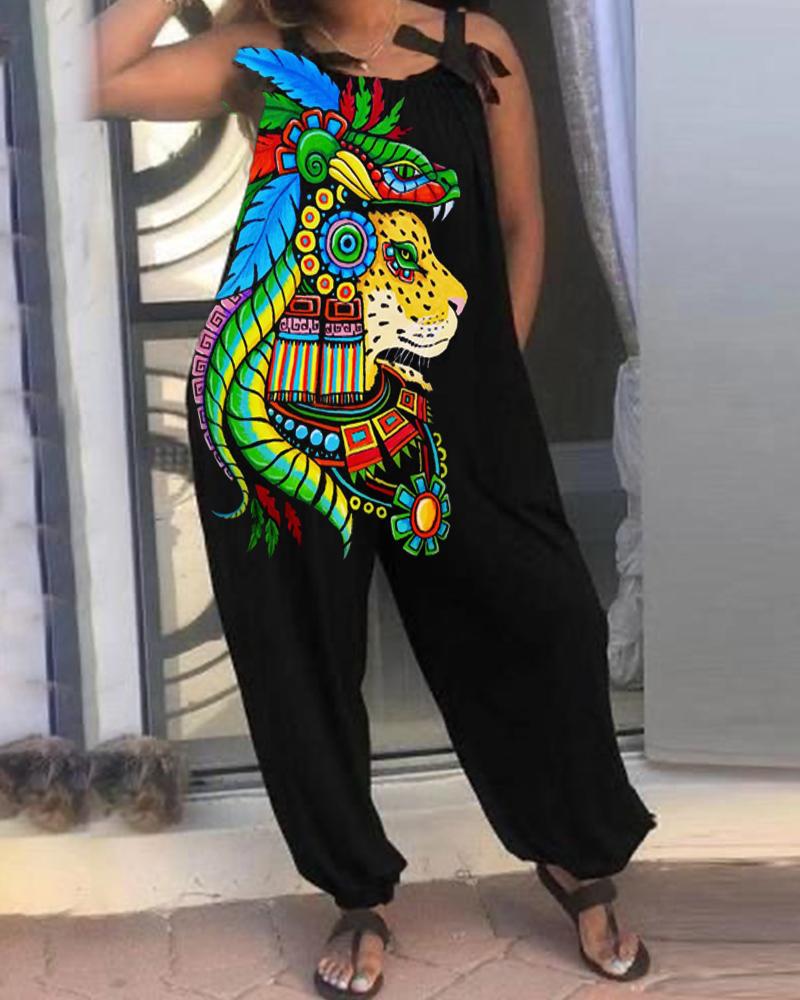 Contrast Ethnic Style Lion Print Wide Leg Women's Jumpsuit