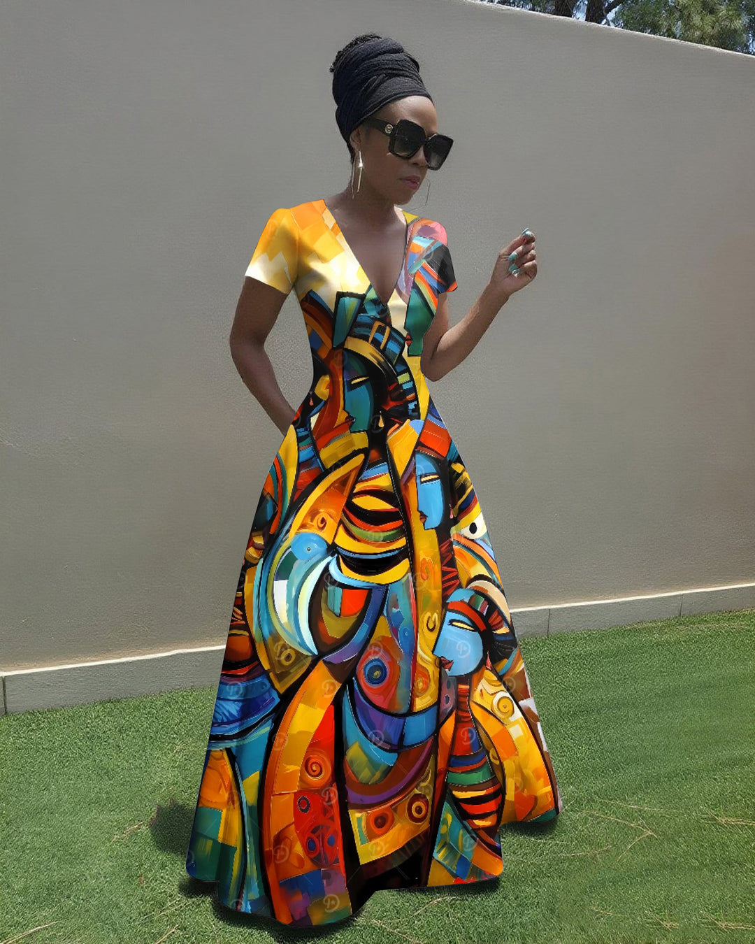 V Neck Black Women Oil Painting Short Sleeve Maxi Dress