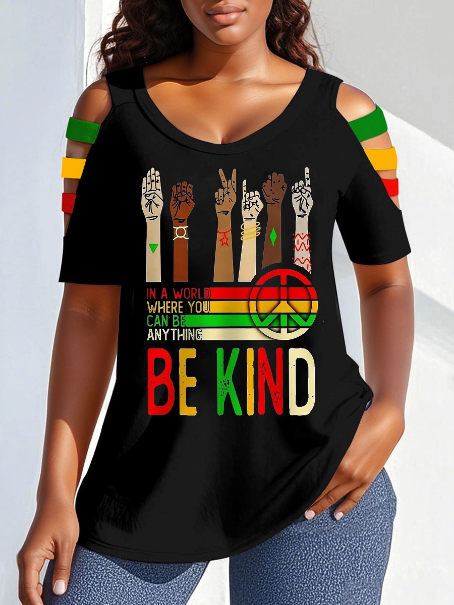 Juneteenth Be Kind Round Neck Off-shoulder Short-sleeved T-shirt