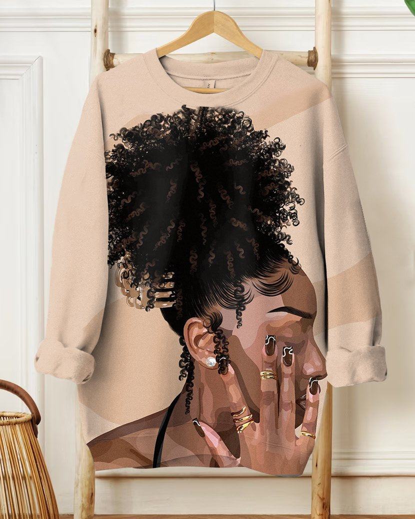 Afro Women Gold Ring Illustration Long Sleeve Sweatshirt