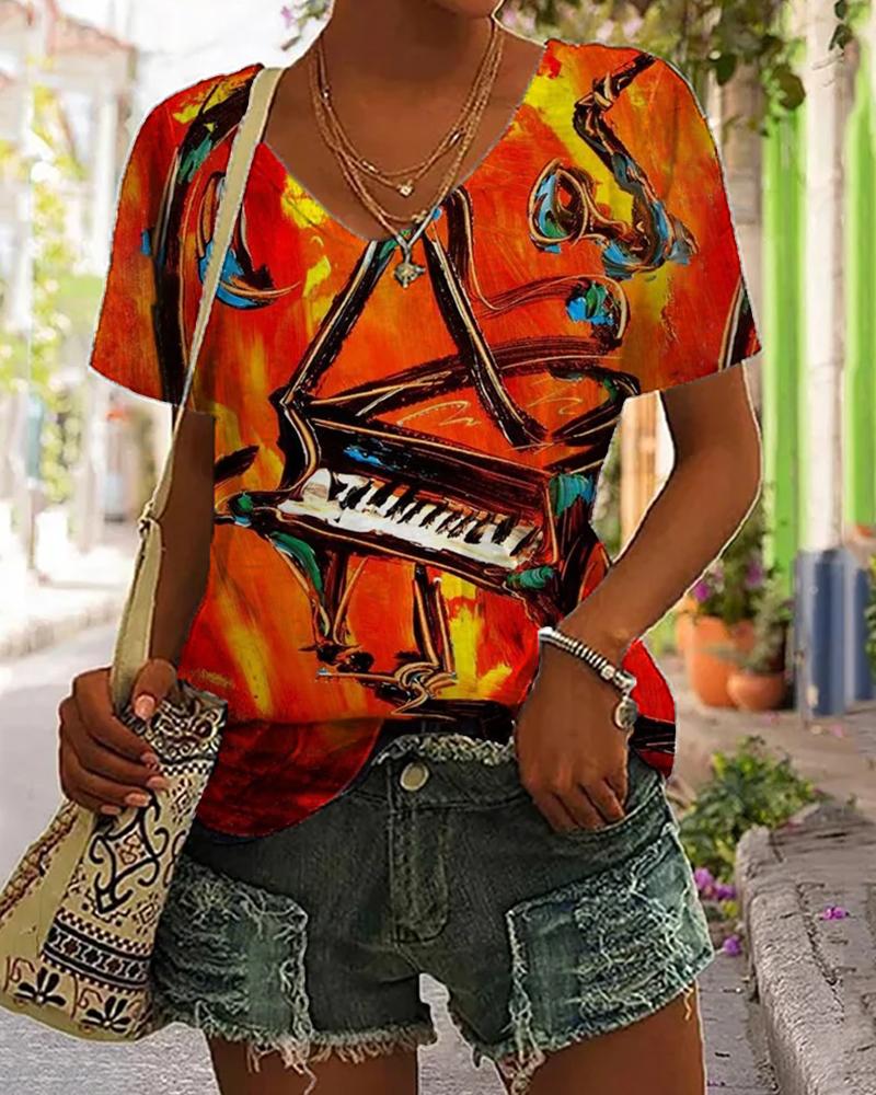 Comstylish Jazz Music Oil Painting V-Neck T-Shirt