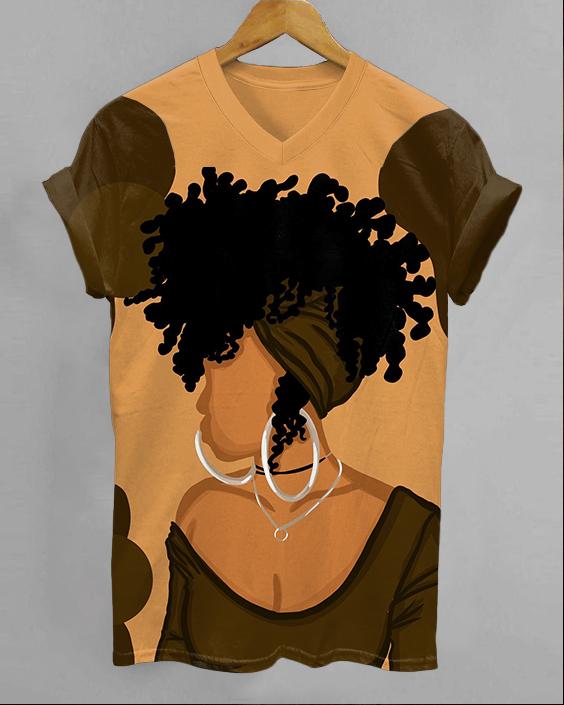 Curly Hair Hijab Girl V-neck Short Sleeve Tshirt