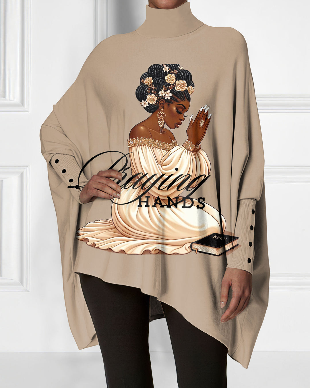 Praying Brown Women Irregular High Neck Top