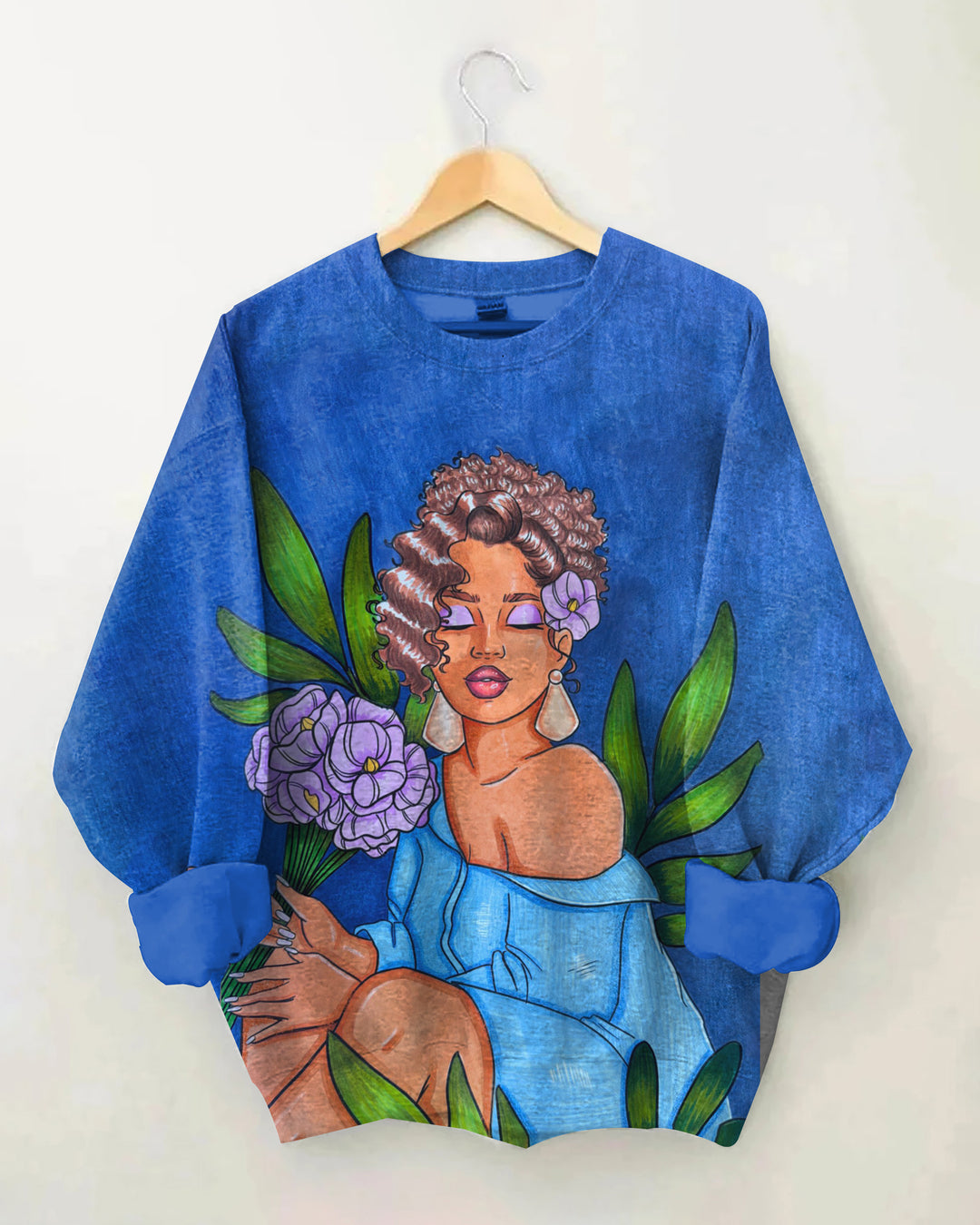 Purple Flowers Brown Girl Print Long Sleeve Sweatshirt
