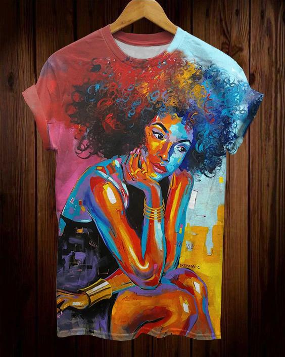 Curly Hair Thinking Girl Oil Painting Short Sleeve Tshirt