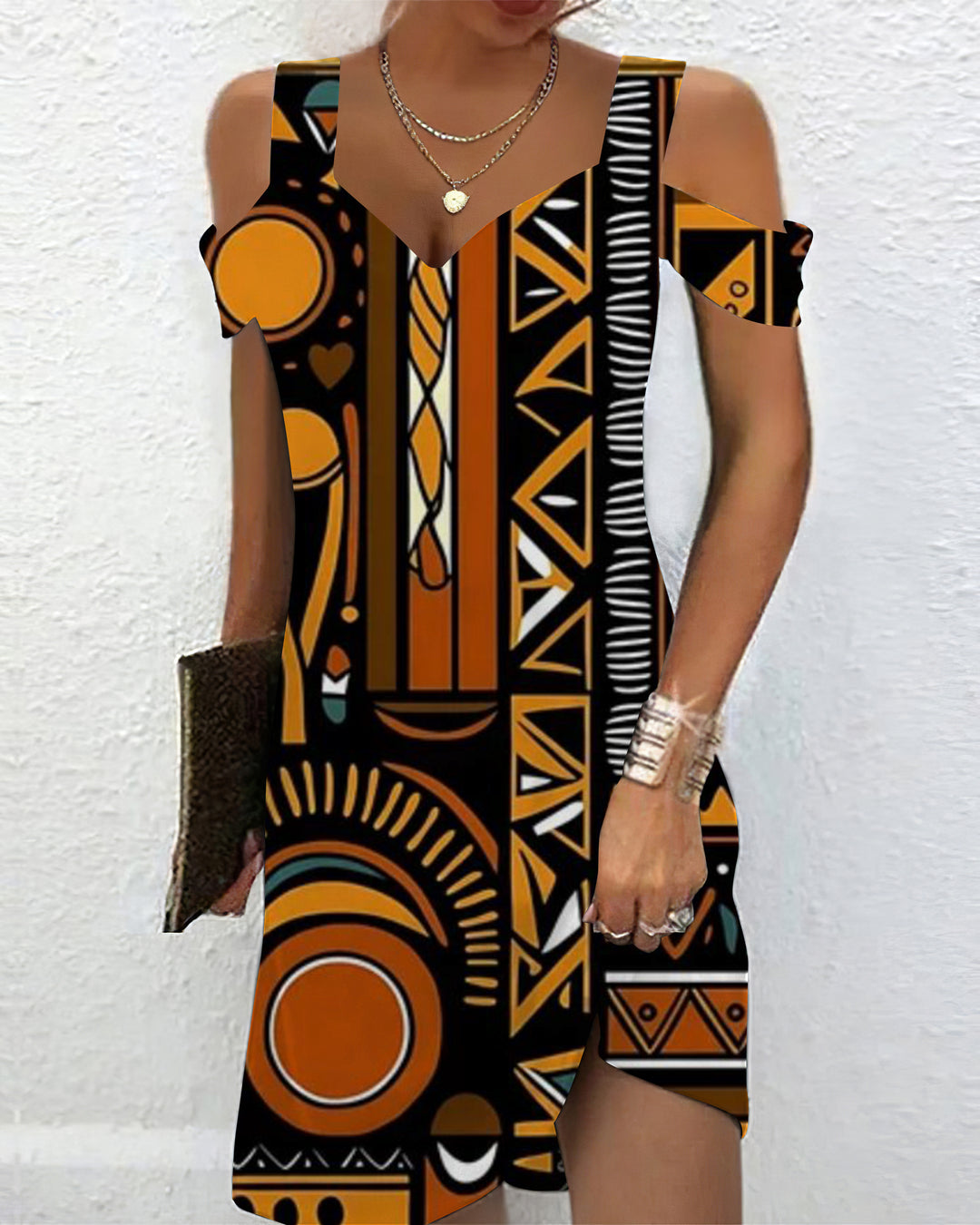 Ethnic Print V Neck Off Shoulder Dress