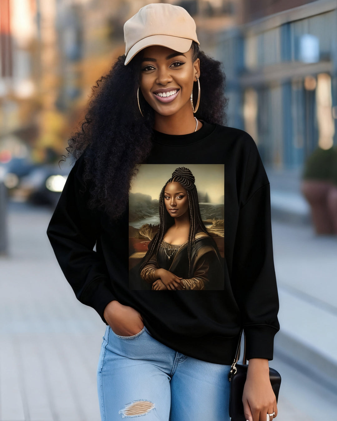 Black Mona Lisa Print Crewneck Long Sleeve Sweatshirt