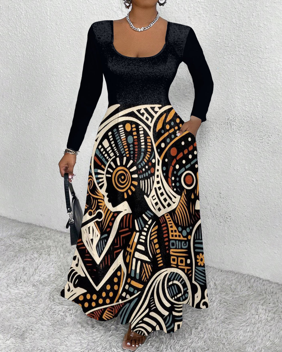 African Queen Art Print Round Neck Long Sleeve Maxi Dress