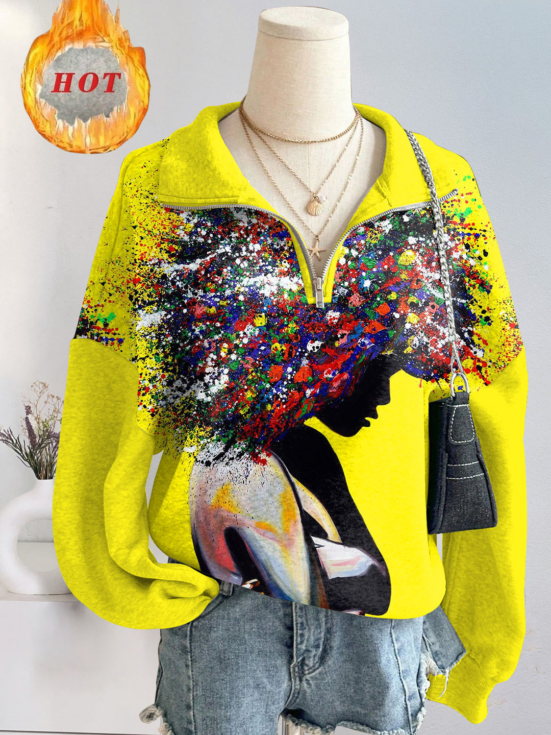 Colorful Afro Girl Loose Split Zip-Up Long Sleeve Sweatshirt