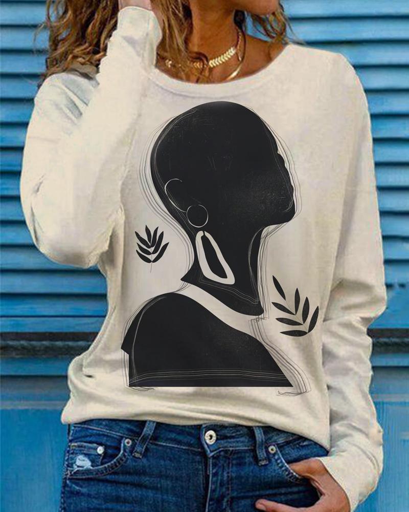 Artistic Black Geometric Simple Print Women's Long Sleeve Top