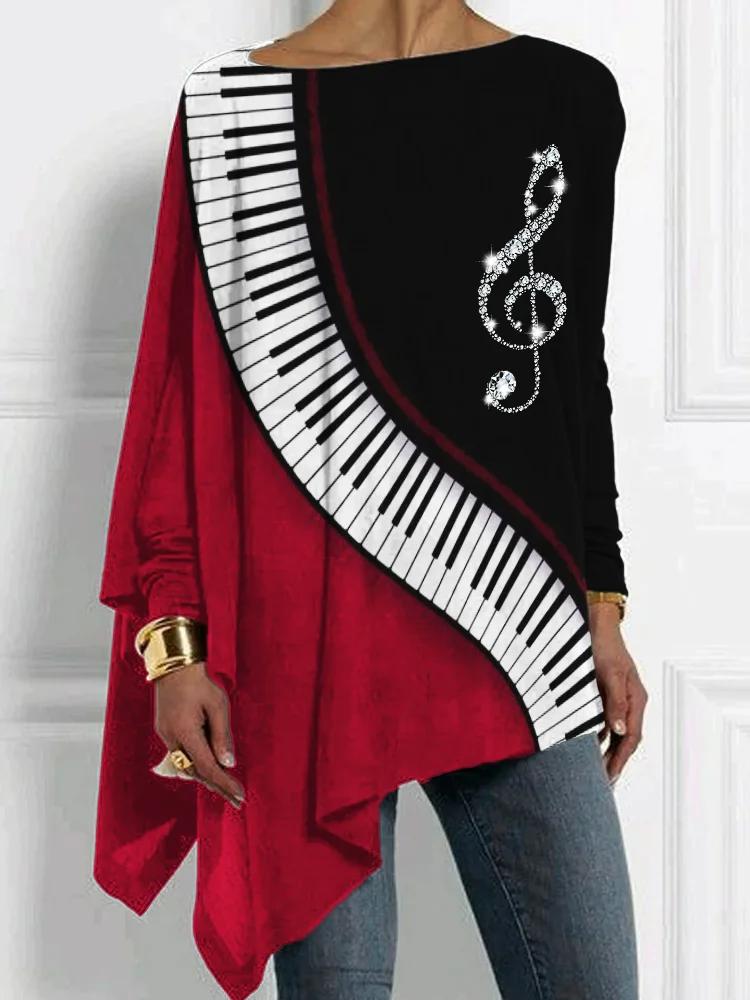Glitter Treble Clef Piano Contrast Bat Seeve T T-Shirt