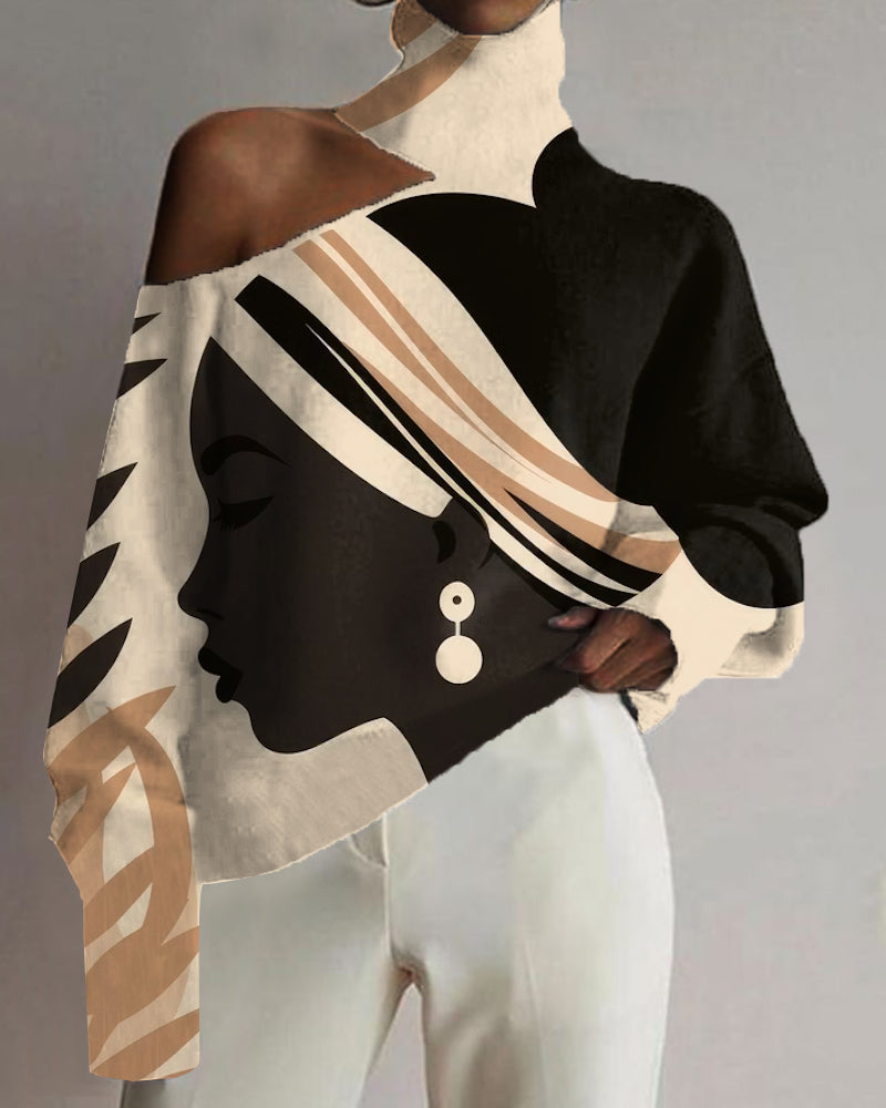 Black Girl Geometric Line Art Color Matching Print Off-the-shoulder Top