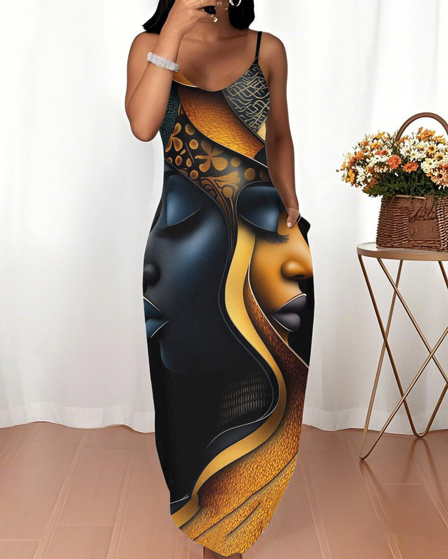 Sling Black Woman Face Art Pocket Maxi Dress