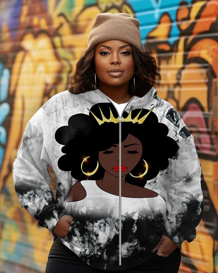 Crown Earrings Afro Girl Zip Hood Long Sleeves Hoodie