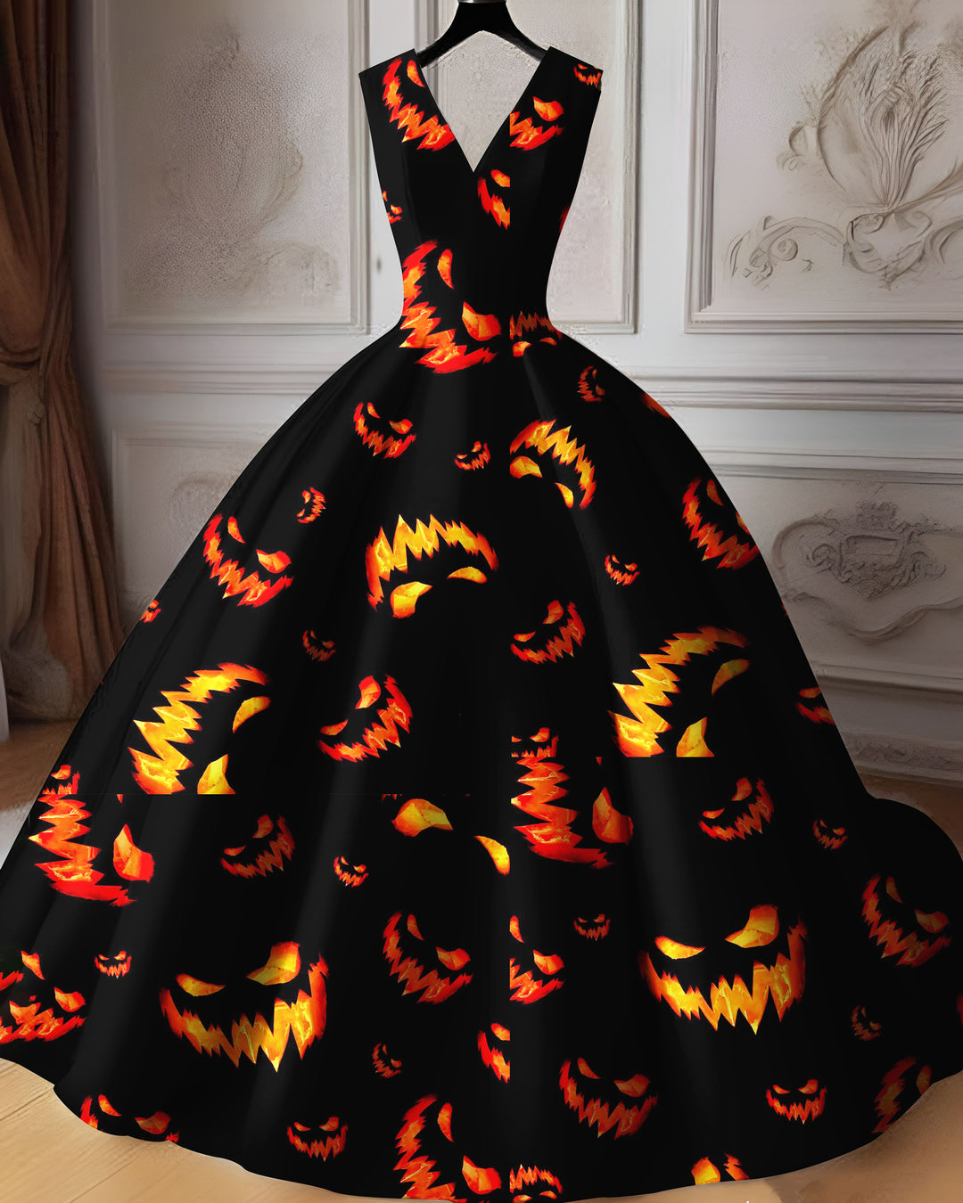 V-neck Halloween Demon Face Wedding Maxi Dress