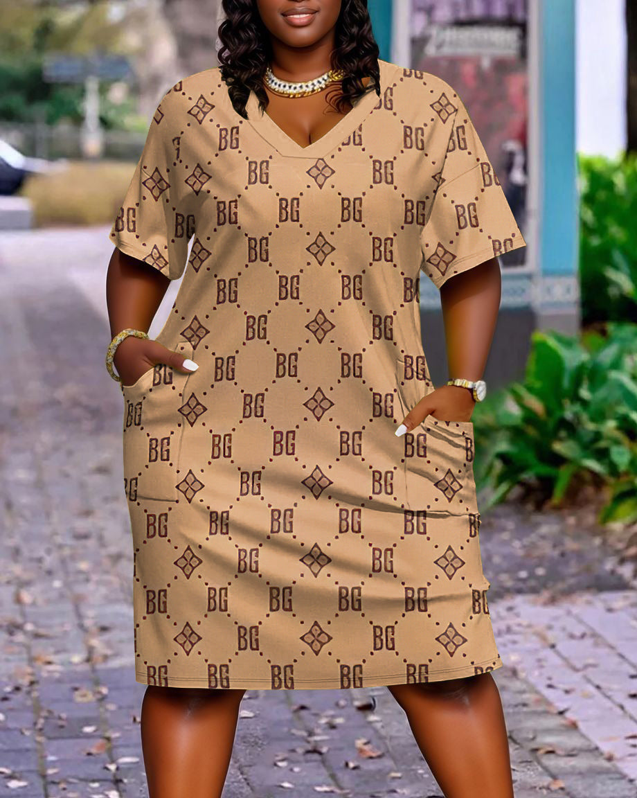 Flower Letter Stitching Casual V-neck Pocket Dress