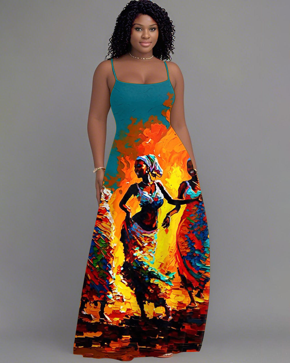 Black Dancing Girl Oil Painting Culture Print Holiday Pocket Dress