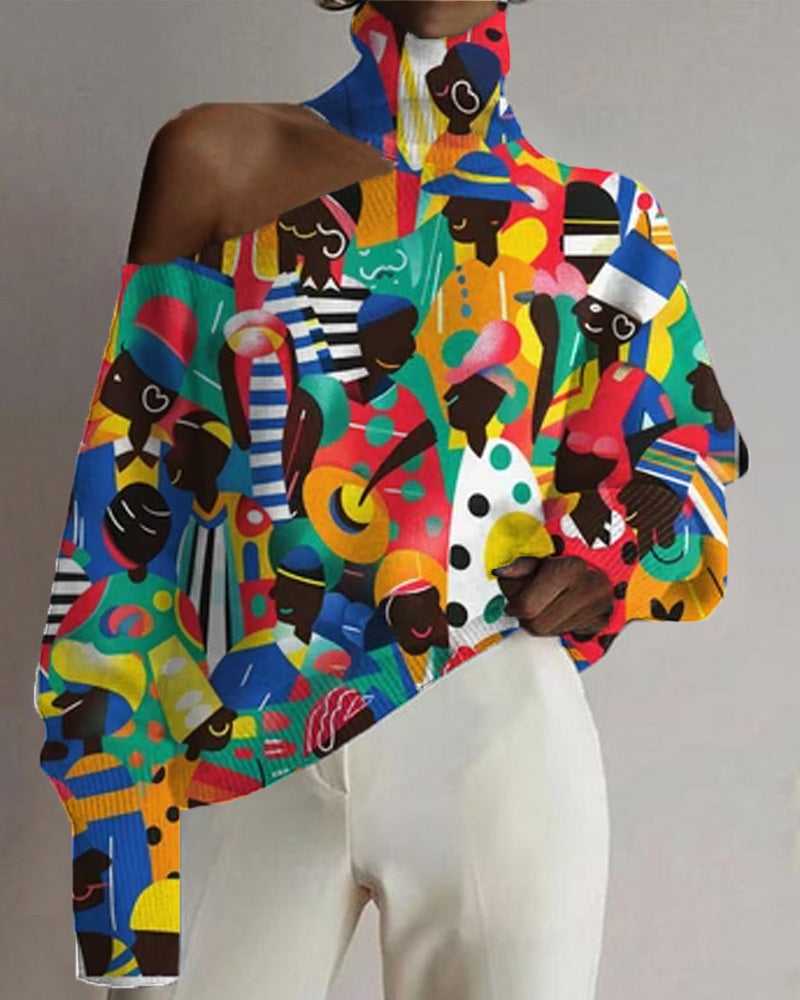 Black Cartoon Art Color Mosaic Print Cutout Turtleneck Top