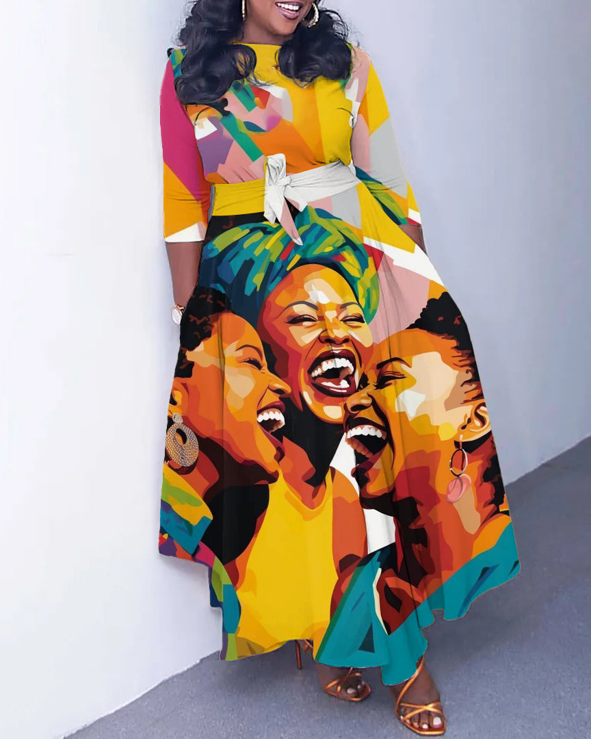 Happy Black Sisters Oil Painting Long Sleeve Pockets Maxi Dress