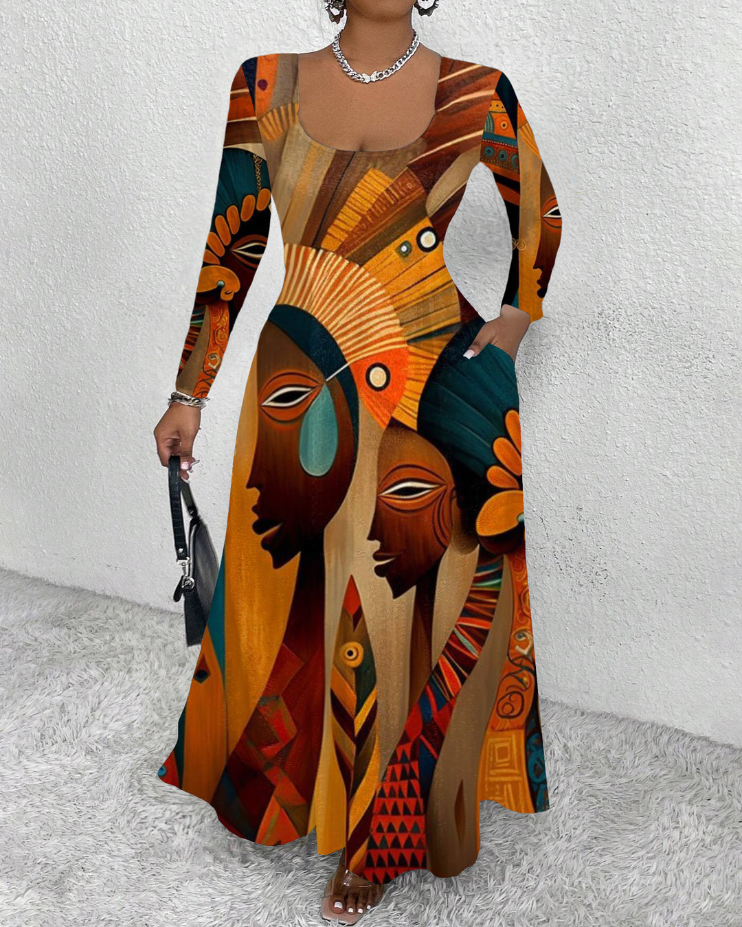 Retro Tribal Contrast Print Round Neck Long Sleeve Maxi Dress
