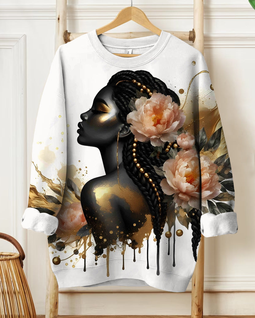 Art Portrait Illustration Printed Long-Sleeved Round-Neck Sweatshirt