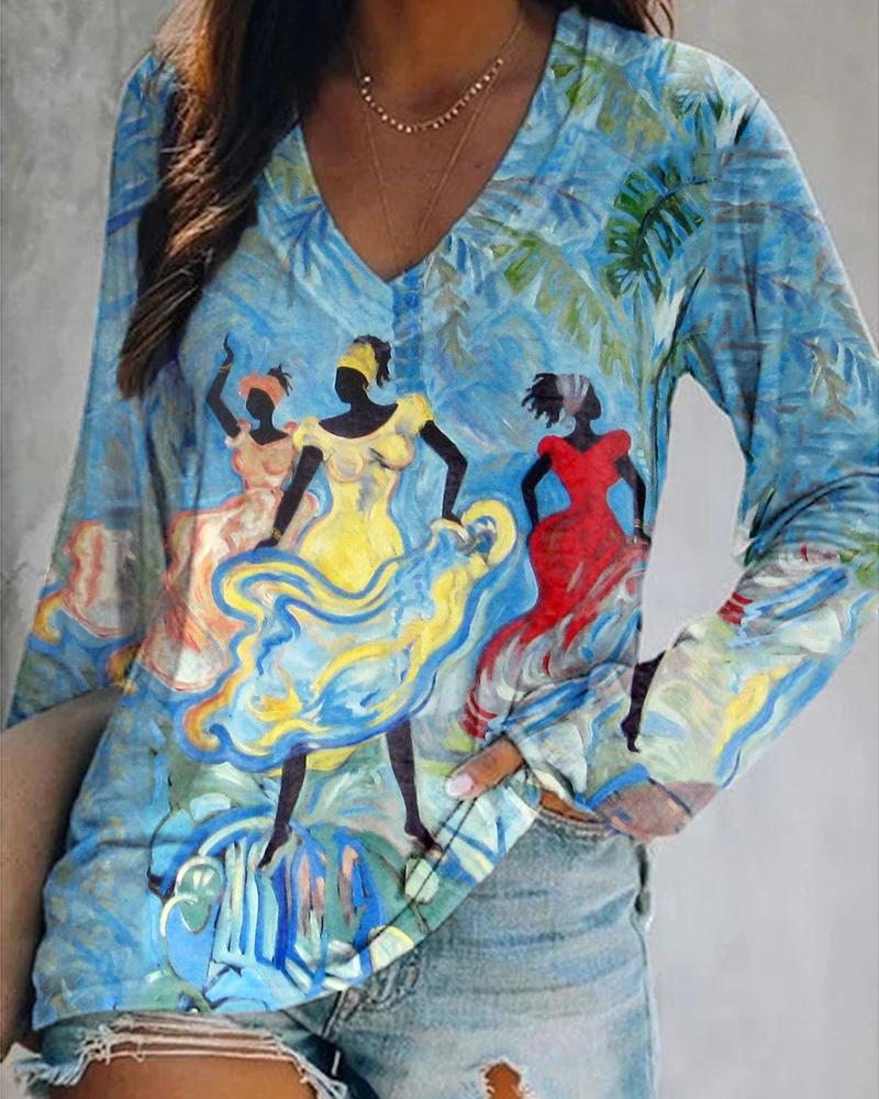 Oil painting color contrast black dancing print V-neck long-sleeved top