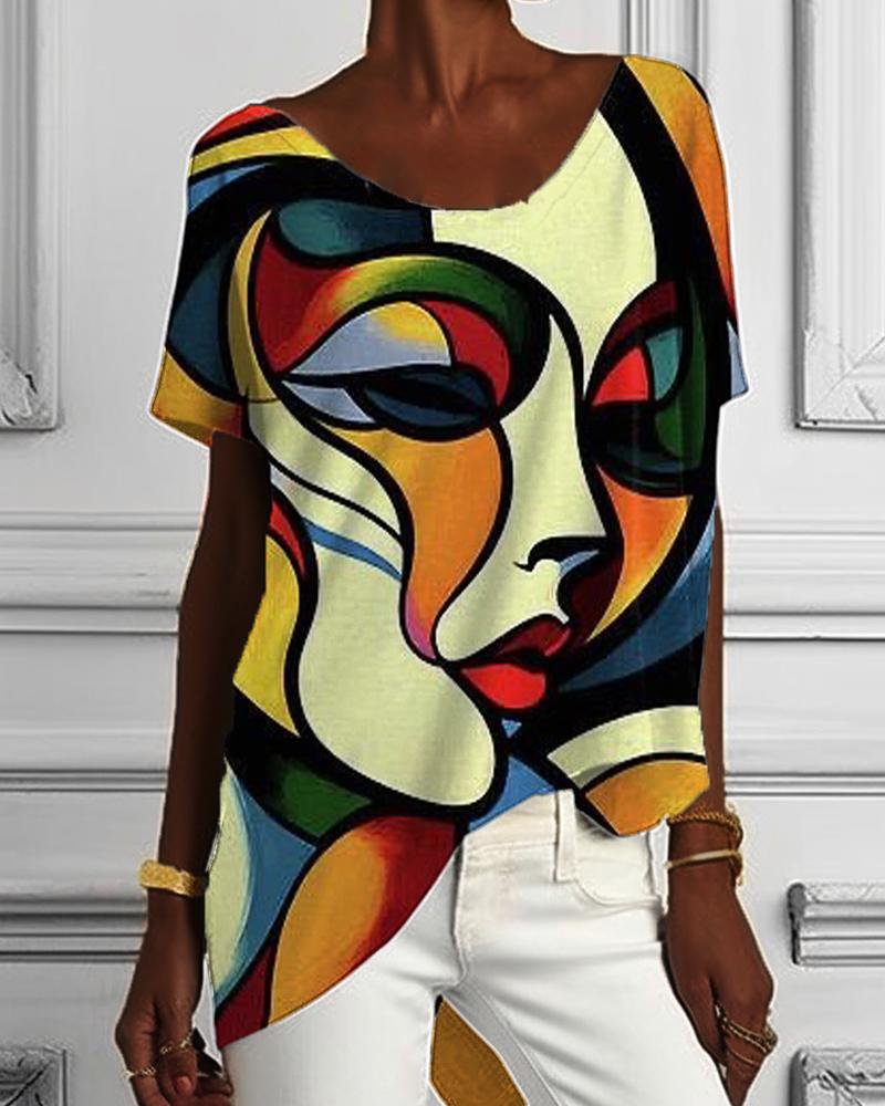 Black Color Block Face Printed Irregular Short-sleeved Top