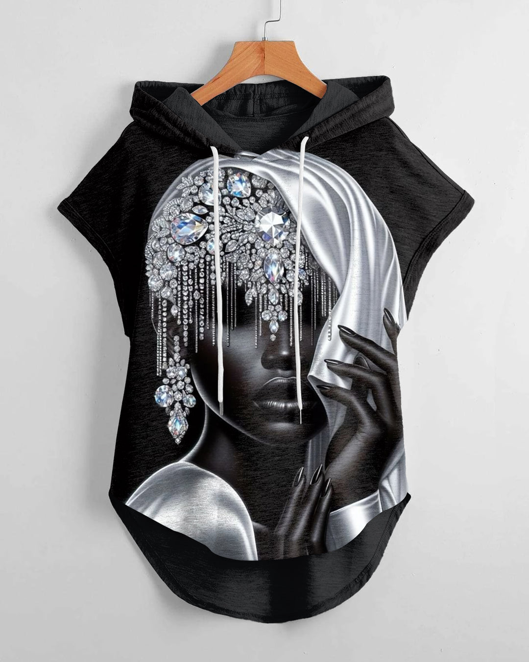 Black Touching Diamond Veil Drawstring Hooded Tee
